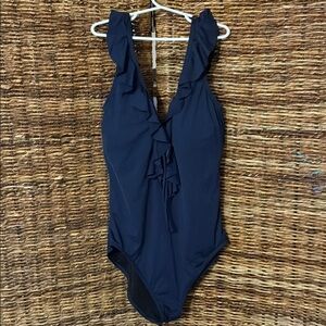 LOFT Navy Ruffle Keyhole One Piece Swimsuit